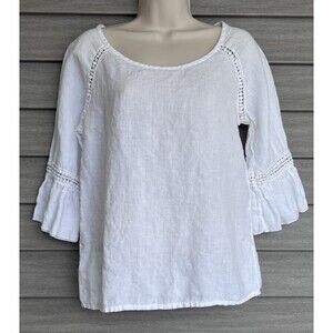 Bellambia Linen 3/4 Sleeve Italian Top Womens S White Lagenlook Coastal Nautical